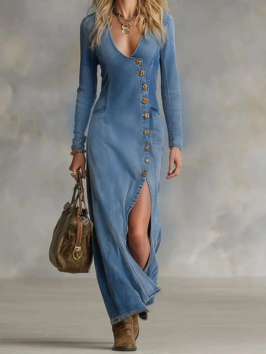 Cardydony Vintage Long Sleeved V Neck Slit Solid Color Denim Maxi Dress