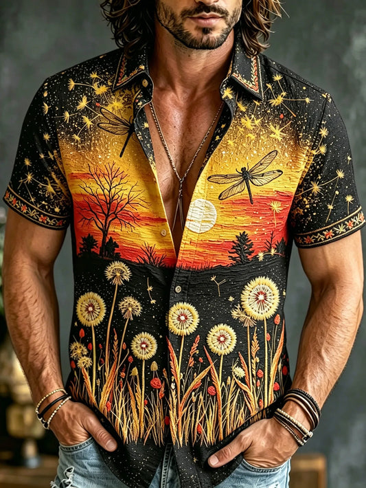 Cardydony Men's Retro Bohemian Hippie Style Floral And Dragonfly Embroidered Print Short-sleeve Shirt