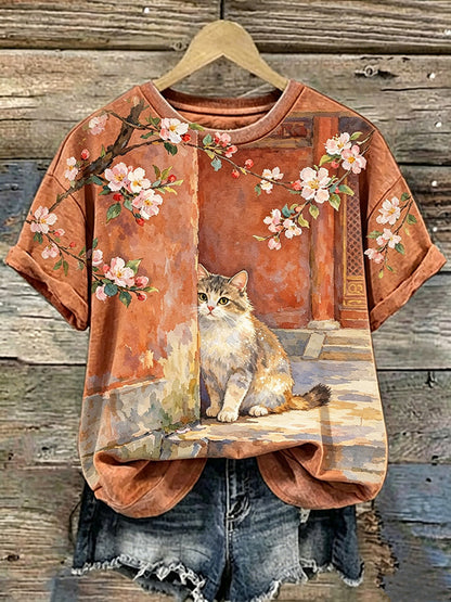 Cardydony Retro Cute Cat And Cherry Blossom Pattern Casual T-shirt