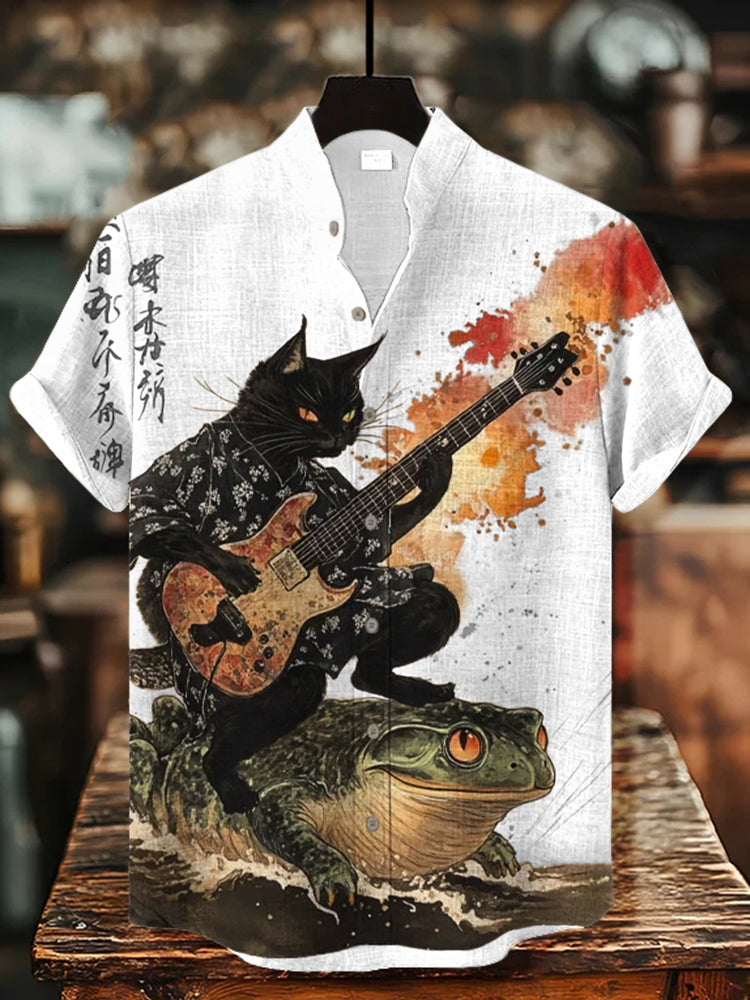Cardydony Men's Black Cat Riding On Toad Playing Guitar Print Short Sleeve Shirt