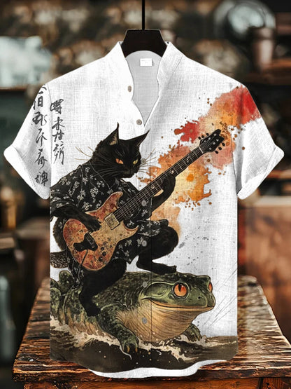 Cardydony Men's Black Cat Riding On Toad Playing Guitar Print Short Sleeve Shirt