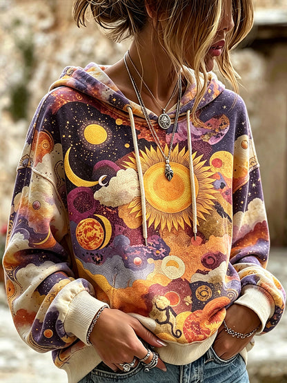 Cardydony Women's Retro Hippie Bohemian Style Starry Sky Sun Moon Starry Night Hoodie