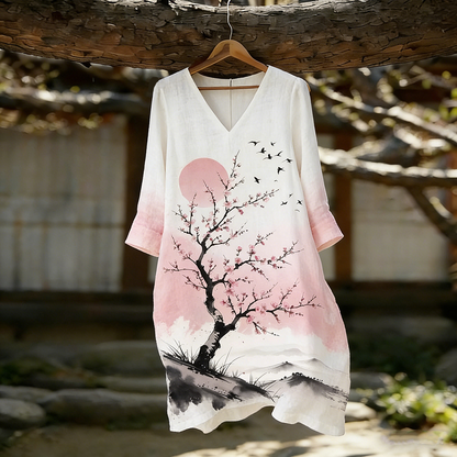 Cardydony Japanese Art Retro Pattern Design Linen Women's V-neck Dress