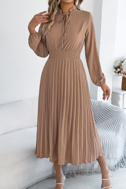 Cardydony Women's Solid Color Long-sleeved Fitted Waist Pleated Elegant Midi Dress