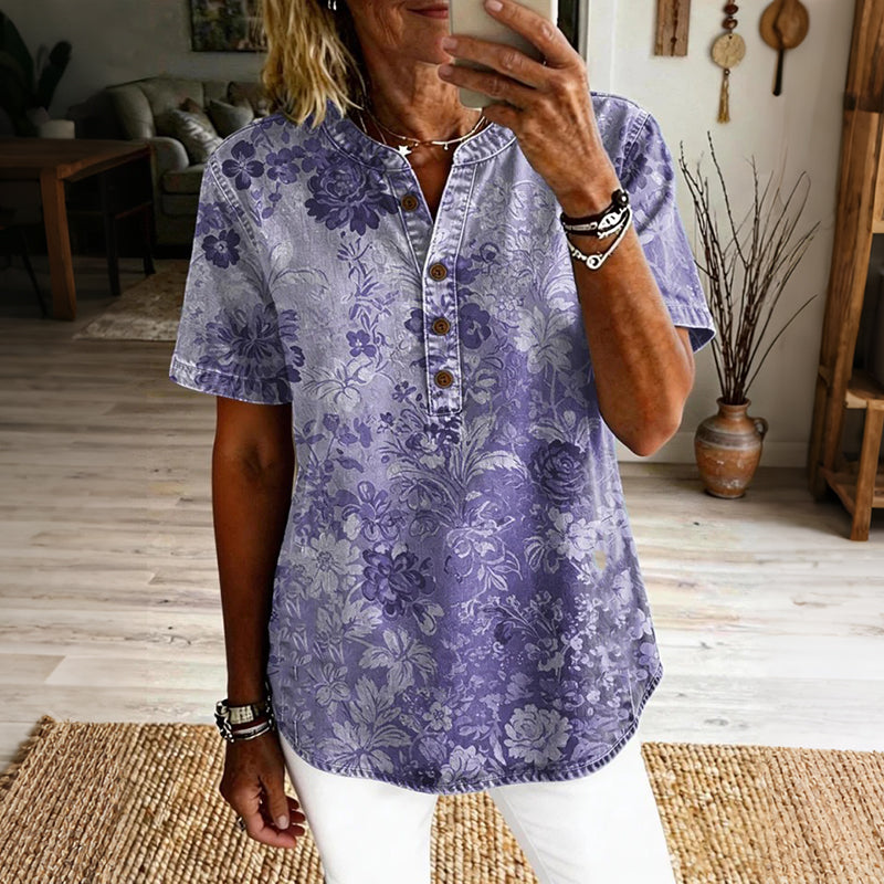 Cardydony Women's Vintage Floral Art Print Casual Short-sleeve Shirt