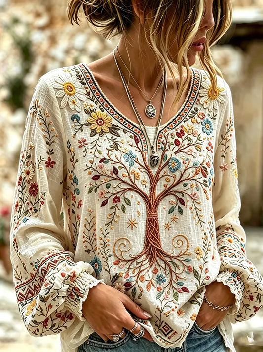 Cardydony Women's Vintage Life Tree Art Print Flowy Linen Blend Linen Blend Long Sleeve Casual Tops