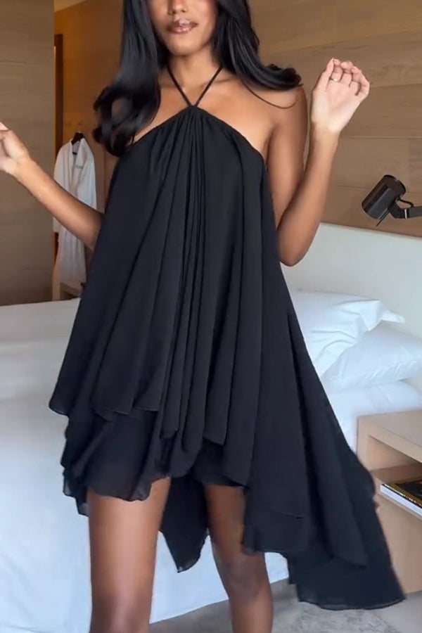 Cardydony Women's Chiffon Solid Color Halter Backless Irregular Mini Dress