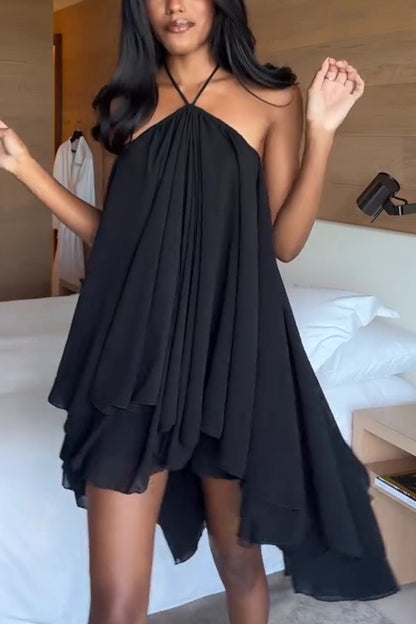 Cardydony Women's Chiffon Solid Color Halter Backless Irregular Mini Dress