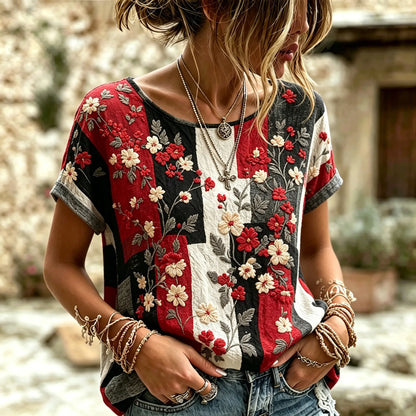 Cardydony Women's Round Neck Top With Floral Print Featuring World Cup Football Team Jersey Elements