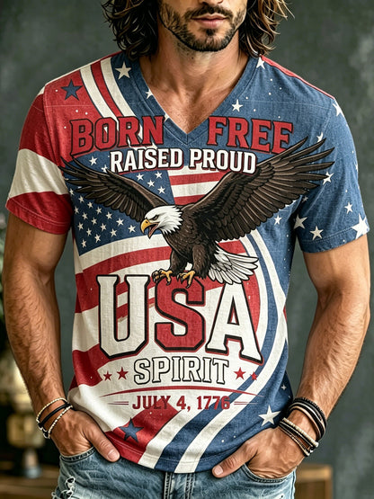 Cardydony Men's American Flag And Eagle Print Cotton And Linen Comfortable V-neck T-shirt