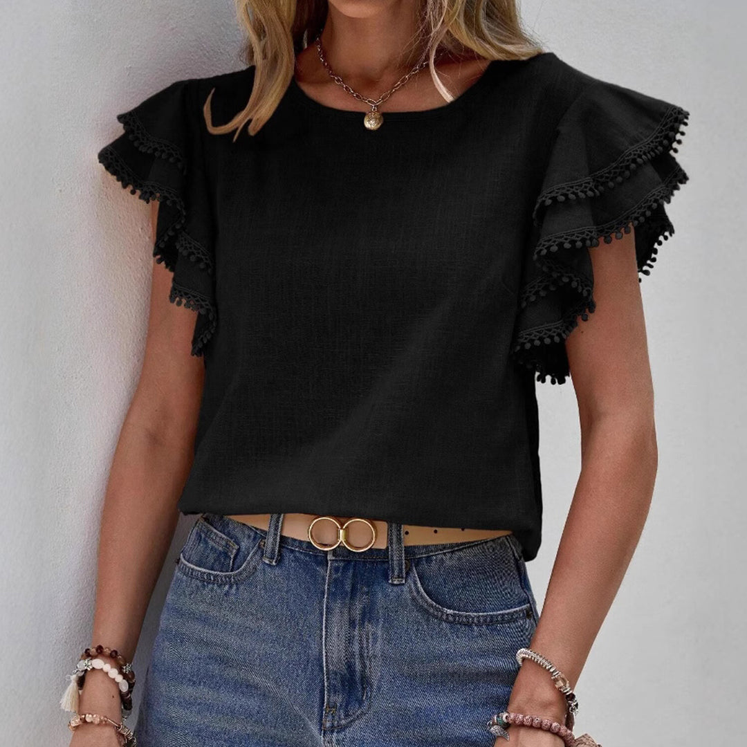 Cardydony Women's Casual Round Neck Loose Ruffle Batwing Sleeve Short-sleeved Top