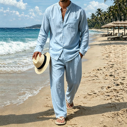 Cardydony Men's Leisure Solid Color Cotton Linen Pocket Shirt And Pants Two Piece Set