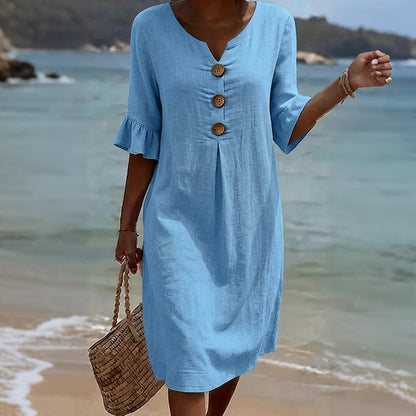 Cardydony Casual Solid-color Cotton V-neck Button Midi Dress