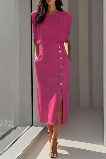 Cardydony Women's Solid Color Round Neck Sleeveless Button Slit Midi Dress