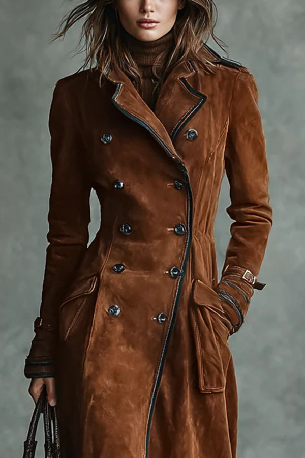 Cardydony Women's Stylish Suede Lapel Button Casual Pocket Long Trench Coat