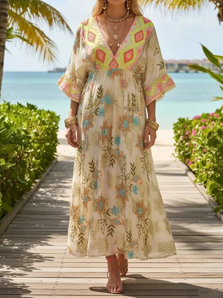 Cardydony Vintage Boho Ethnic Floral Print Print Maxi Dress