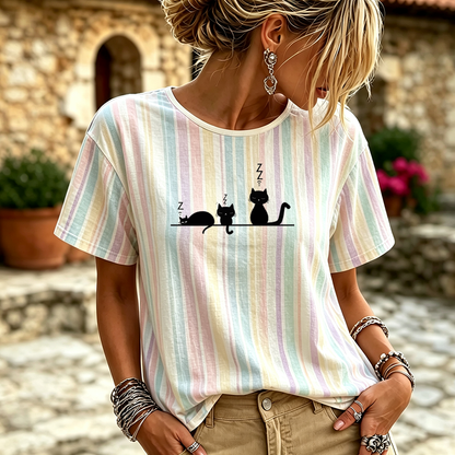 Cardydony Women's Pastel Striped Crewneck T-shirt With Sleeping Black Cats Graphic Print
