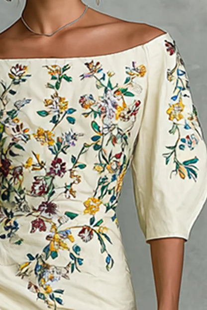 Cardydony Women's Floral Print Off-shoulder Puff Sleeve Fitted Midi Dress