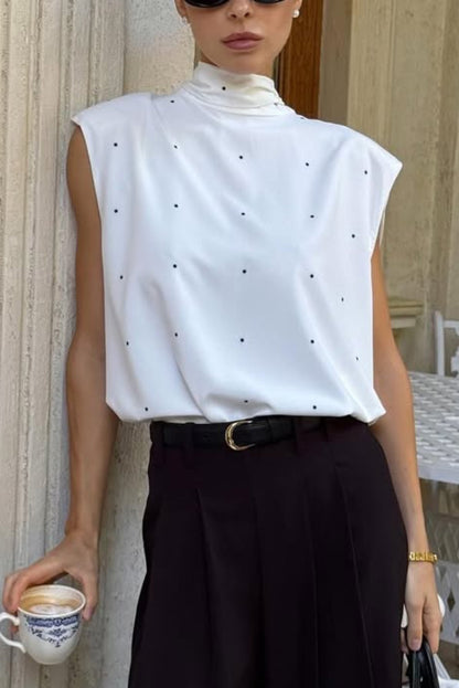 Cardydony Women's  Polka Dot Print Open Backless Stand Collar Sleeveless Ribbon Top