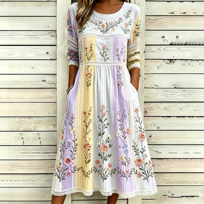 Cardydony Vintage Floral Vine 3d Art Embroidery Spliced Cotton Linen Distressed Round Neck Mid-sleeve Dress