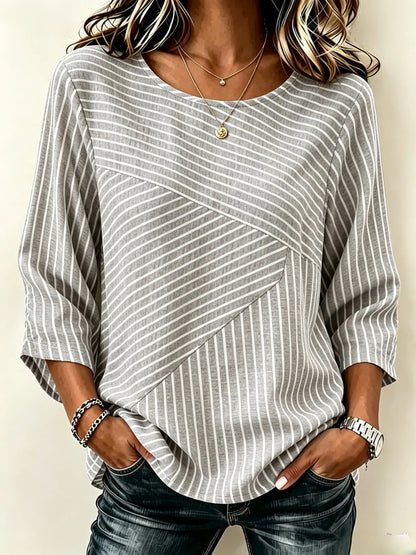 Cardydony Women's Retro Elegant Striped Art Pattern Casual Crew Neck T-shirt