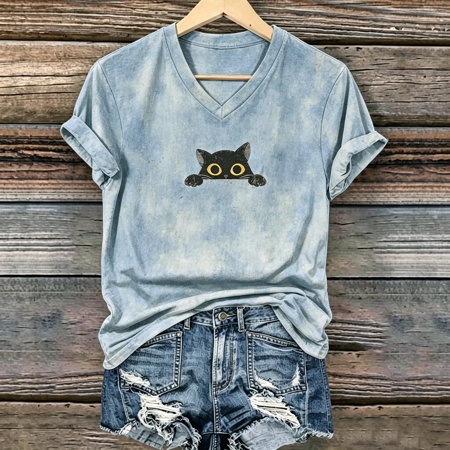 Cardydony Women's Retro Bohemian Style Cat Print Cotton Linen T-shirt.
