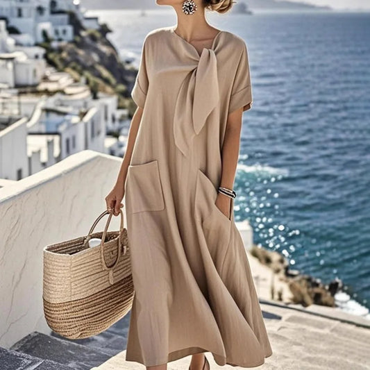 Cardydony Women's Elegant Bow-knot Pocket Cotton And Linen Midi Dress