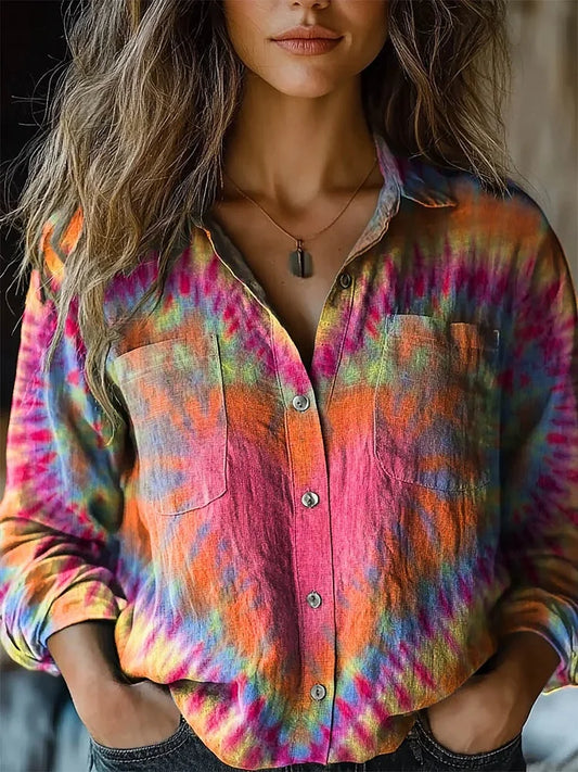 Cardydony Women's Retro Colorful Heart Tie-dye Print Shirt
