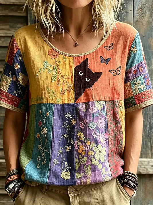 Cardydony Women's Hippie Black Cat Art Embroidered Linen Blend Round Neck Tshirt