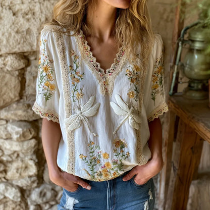 Cardydony Women's Vintage Dragonfly And Floral Art Linen Blend Casual V-neck Top