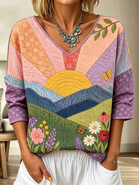 Cardydony Women's Vintage Floral In Sunshine Art Print Flowy Linen Blend Three-quarter Sleeve V Neck Linen Tops