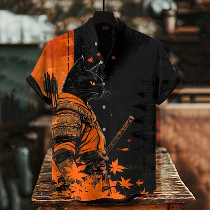 Cardydony Men's Black Cat Warrior And Maple Leaf Temple Print Casual Shirt