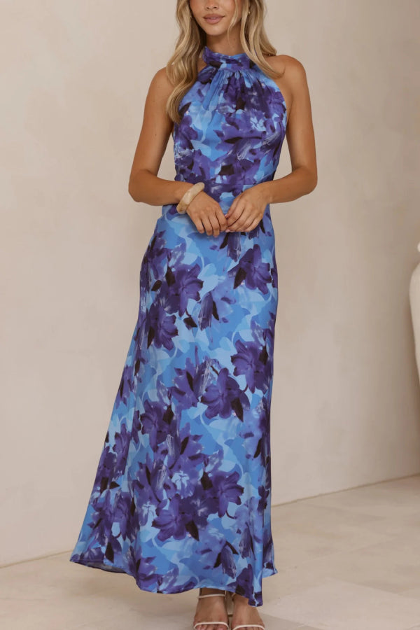 Cardydony Women's Floral Print Sleeveless Halter Neck Tie Holiday Maxi Dress