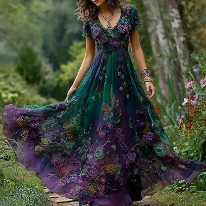 Cardydony Women's Vintage Floral Embroidery Gradient Pattern V Neck Dress