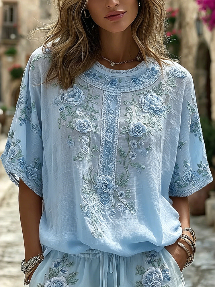 Cardydony Women's Floral Art Embroidery Round Neck Cotton Linen T-shirt