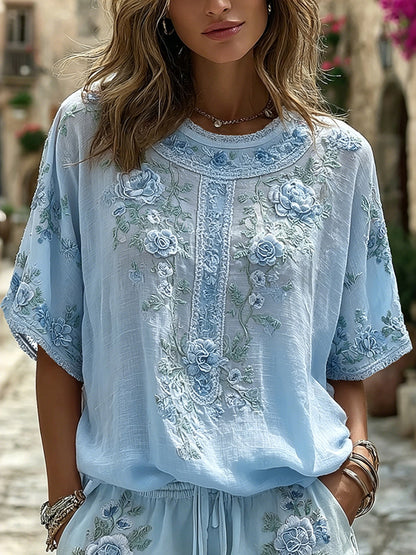 Cardydony Women's Floral Art Embroidery Round Neck Cotton Linen T-shirt