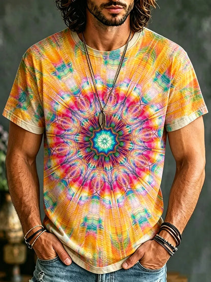 Cardydony Men's Retro Hippie Tie-dye Cotton Linen Short-sleeve T-shirt