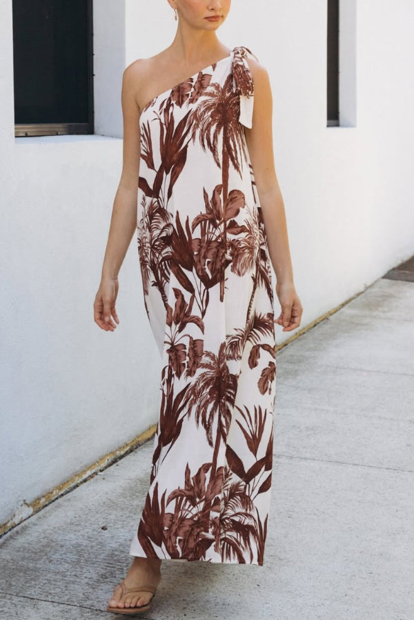 Cardydony Women's Botanical Print Sleeveless One-shoulder Casual Vacation Maxi Dress