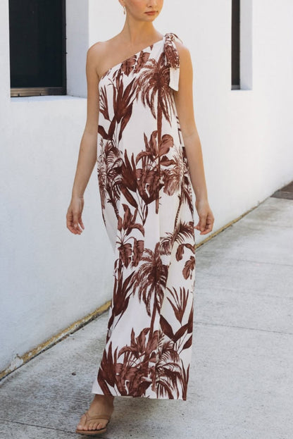Cardydony Women's Botanical Print Sleeveless One-shoulder Casual Vacation Maxi Dress