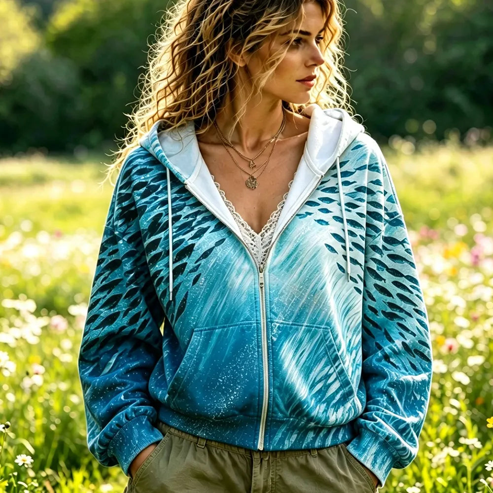 Cardydony Women's Zip-up Hooded Sweatshirt - Teal Gradient Dense Fish School And Water Ripple Pattern Casual Jacket