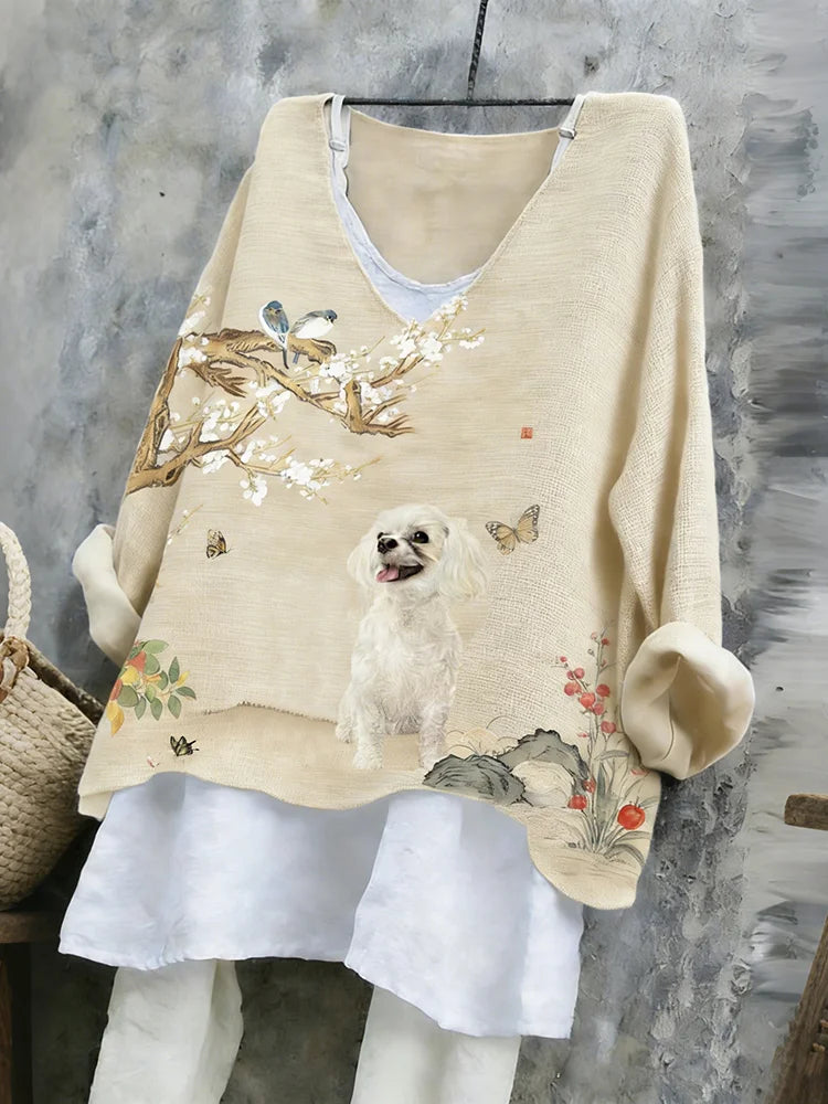 Cardydony Women's Cute Maltese With Floral Ink Art V-neck Linen Blend T-shirt