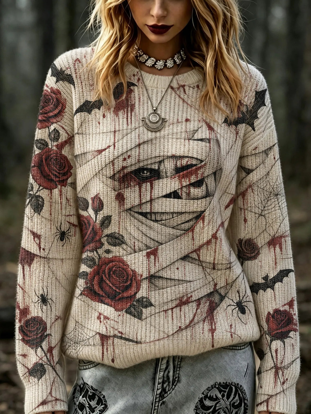 Cardydony Women's Retro Halloween Themed Bandage And Rose Print Sweater