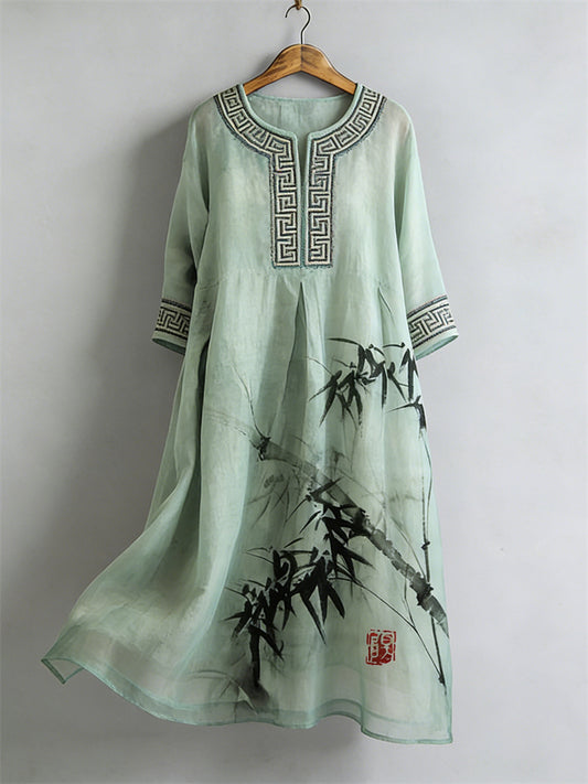 Cardydony Classy Japanese Bamboo Art Flowy Linen Maxi Dress