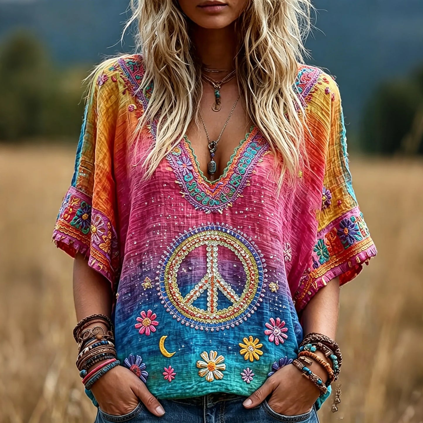 Cardydony Women's Retro Hippie Floral Color Gradient Art Linen Blend Short Sleeve Tops