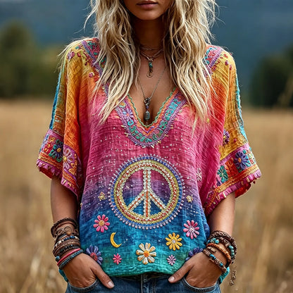 Cardydony Women's Retro Hippie Floral Color Gradient Art Linen Blend Short Sleeve Tops