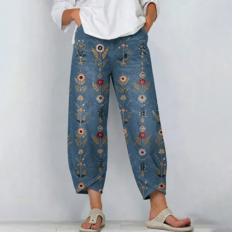 Cardydony Women's Retro Bohemian Floral Pattern Casual Linen Capri Pants