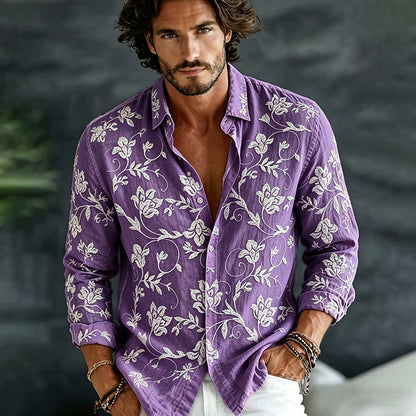 Cardydony Men's Vintage Spring Floral Embroidered Art Print Flowy Linen Blend Casual Shirt