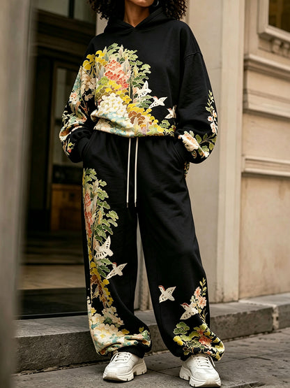 Cardydony Women's Vintage Japanese Art Print Hoodie Two Piece Set