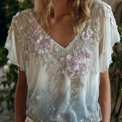 Cardydony Women's Boho Floral Embroidered V-neck Short Sleeve Top