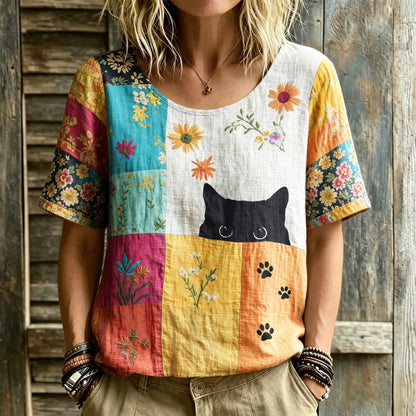 Cardydony Women's Hippie Black Cat Art Print Linen Blend Round Neck Tshirt